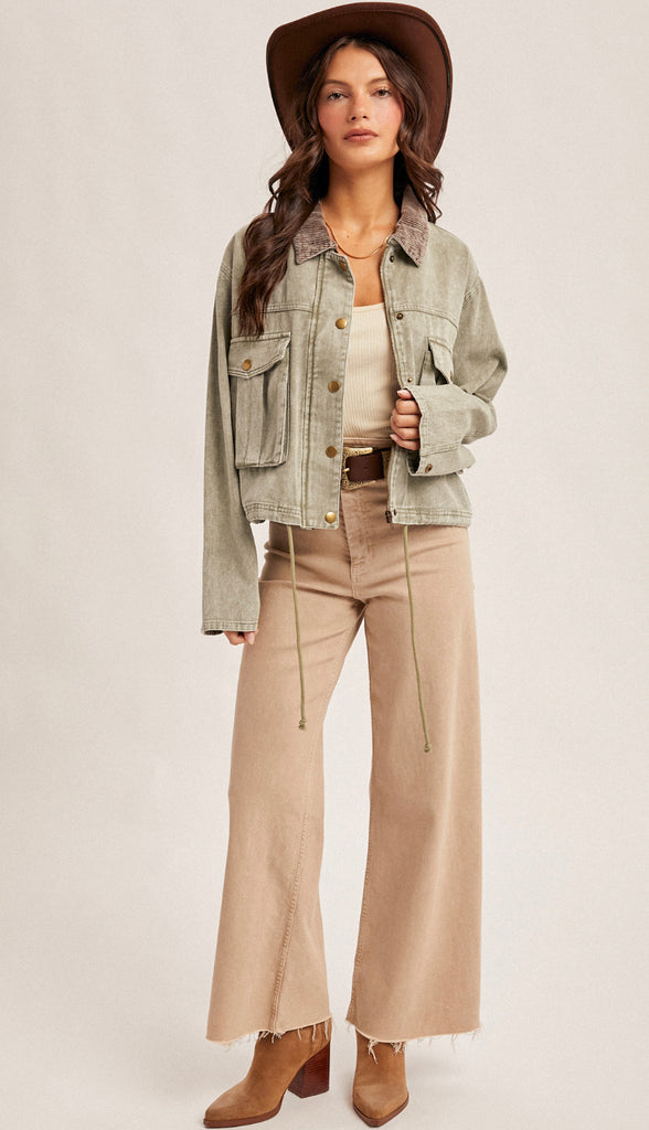 Lewis Corduroy Collar Contrast Twill Crop Jacket- Olive