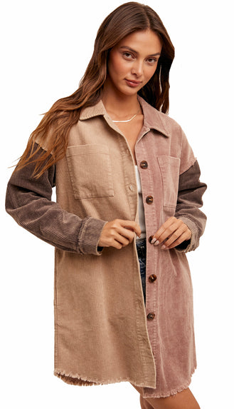 Leah Color Block Corduroy Washed Shacket- Mauve/Brown