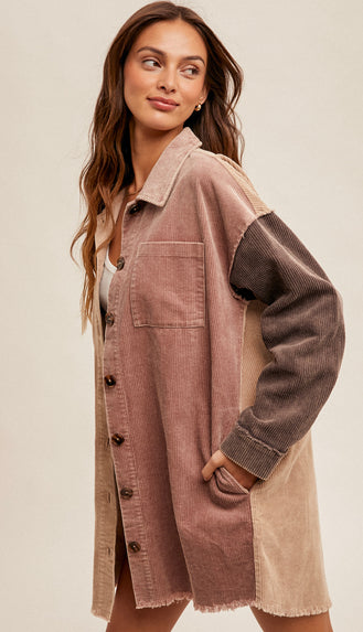 Leah Color Block Corduroy Washed Shacket- Mauve/Brown