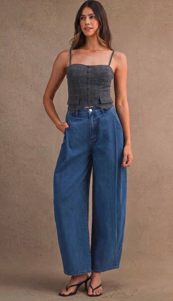 On Edge Plaid Sweetheart Neck Corset Tank- Charcoal