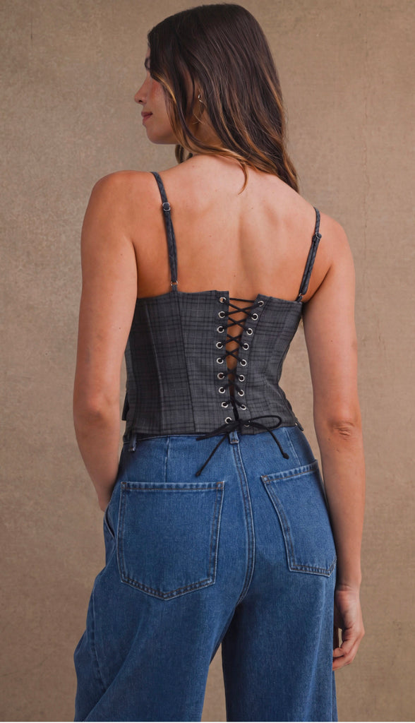 On Edge Plaid Sweetheart Neck Corset Tank- Charcoal