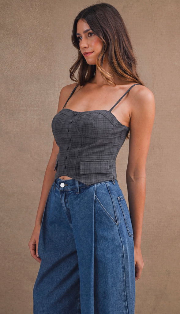 On Edge Plaid Sweetheart Neck Corset Tank- Charcoal