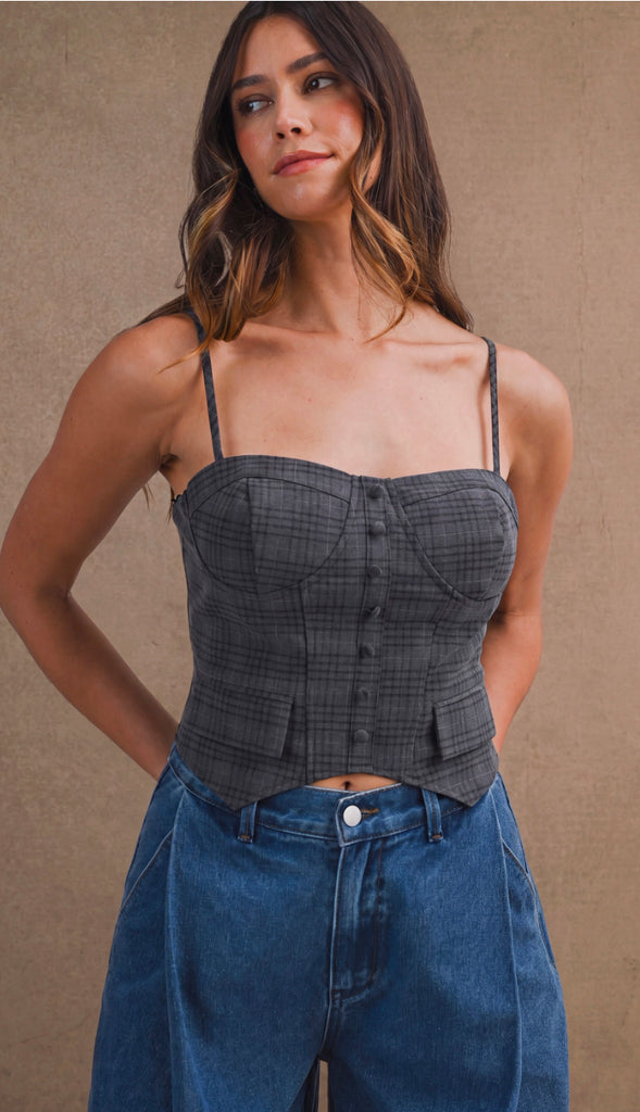 On Edge Plaid Sweetheart Neck Corset Tank- Charcoal