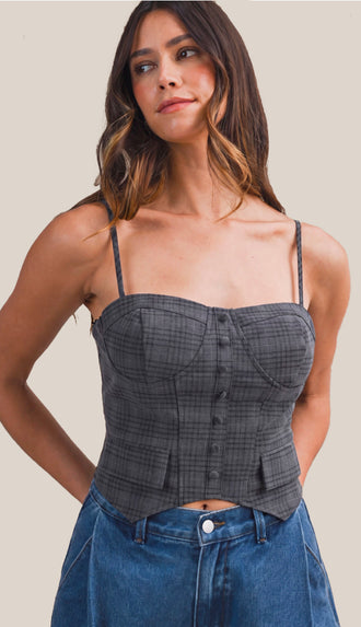 On Edge Plaid Sweetheart Neck Corset Tank- Charcoal