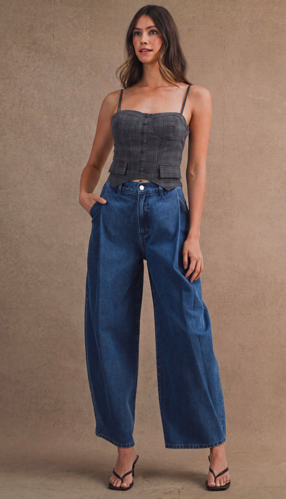 On Edge Plaid Sweetheart Neck Corset Tank- Charcoal