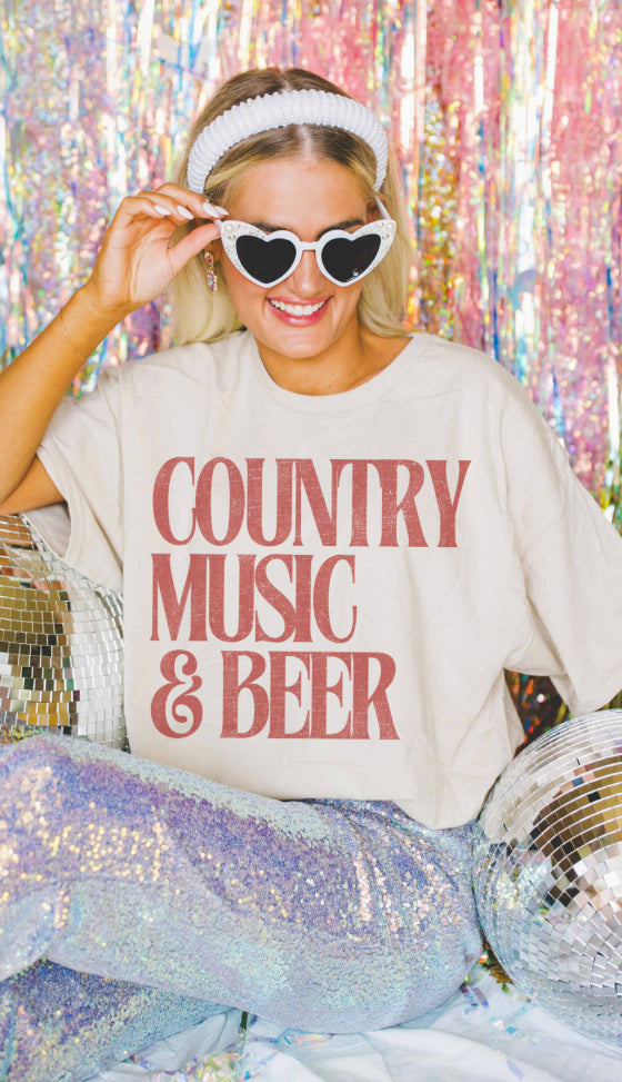 Country Music And Beer Graphic Tee- Sand