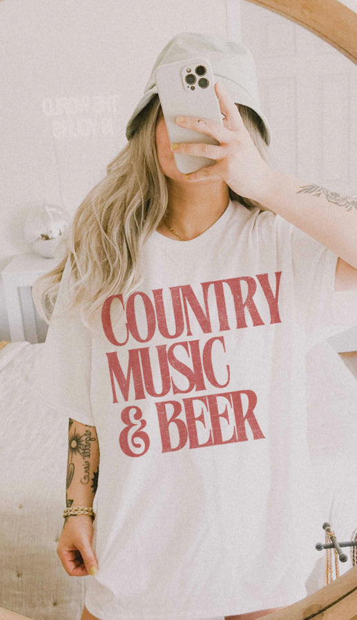 Country Music And Beer Graphic Tee- Sand