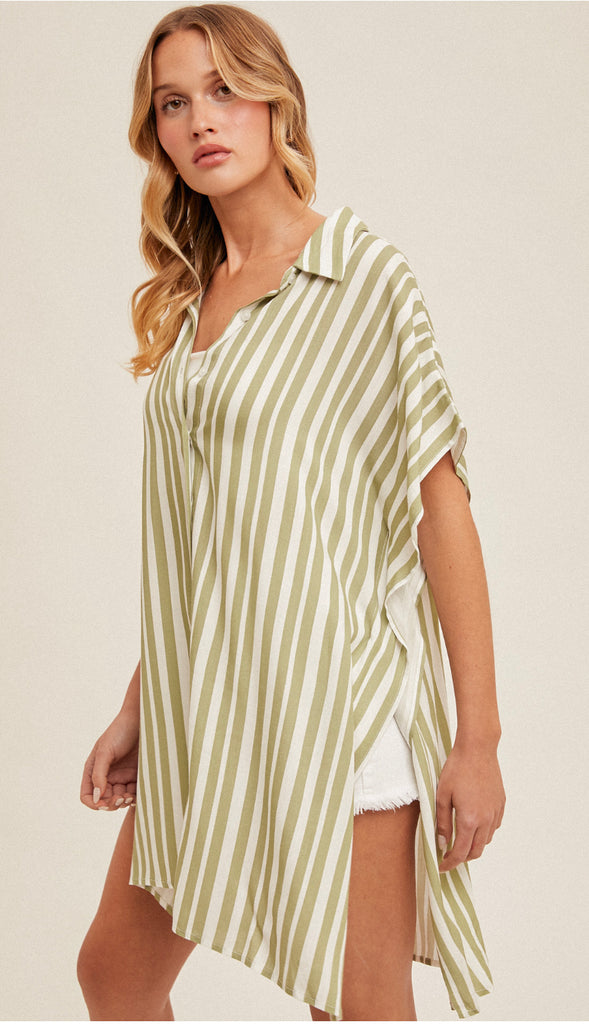 Summer Day Stripe Button Down Cover Up- Green Apple