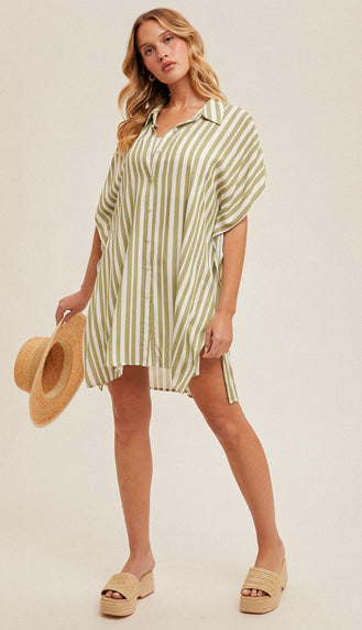Summer Day Stripe Button Down Cover Up- Green Apple