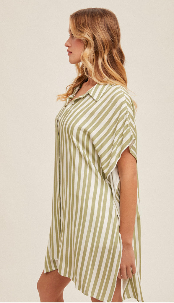 Summer Day Stripe Button Down Cover Up- Green Apple