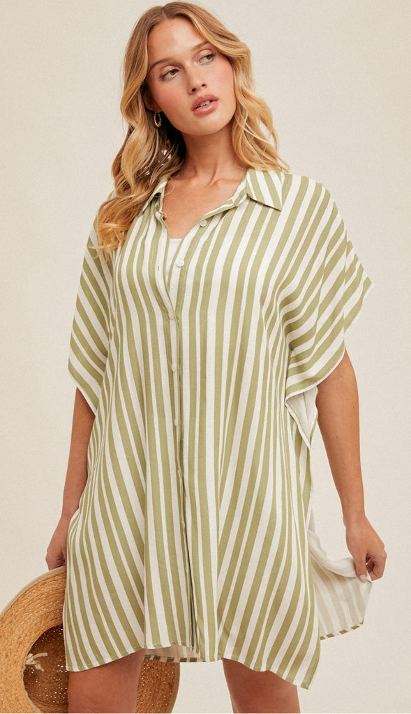 Summer Day Stripe Button Down Cover Up- Green Apple