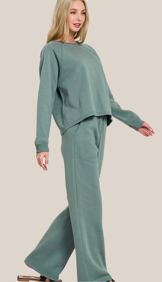 In My Cozy Era Fleece Pullover And Sweatpant Set- Dusty Blue