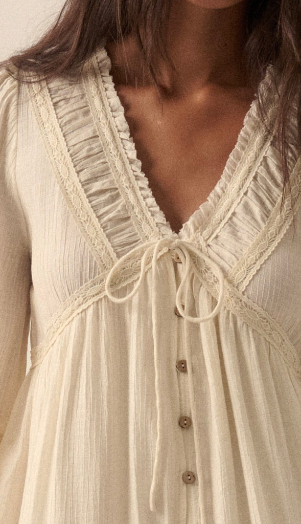 Whimsy Vibe Lace Trim Button Front Maxi Dress- Cream
