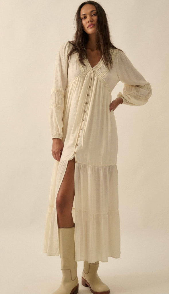 Whimsy Vibe Lace Trim Button Front Maxi Dress- Cream