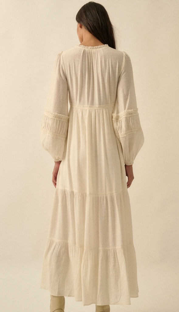 Whimsy Vibe Lace Trim Button Front Maxi Dress- Cream