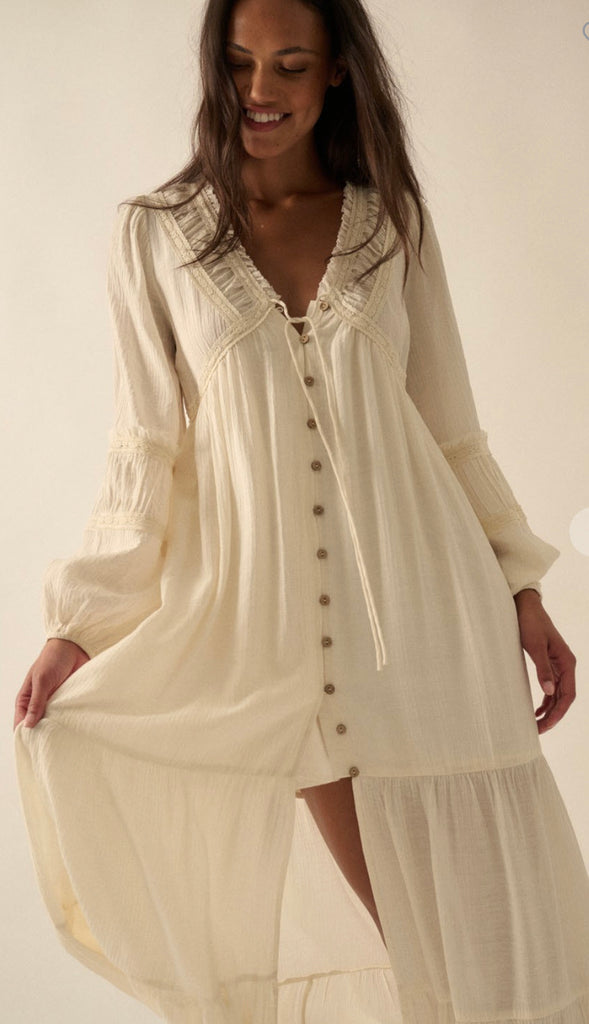 Whimsy Vibe Lace Trim Button Front Maxi Dress- Cream
