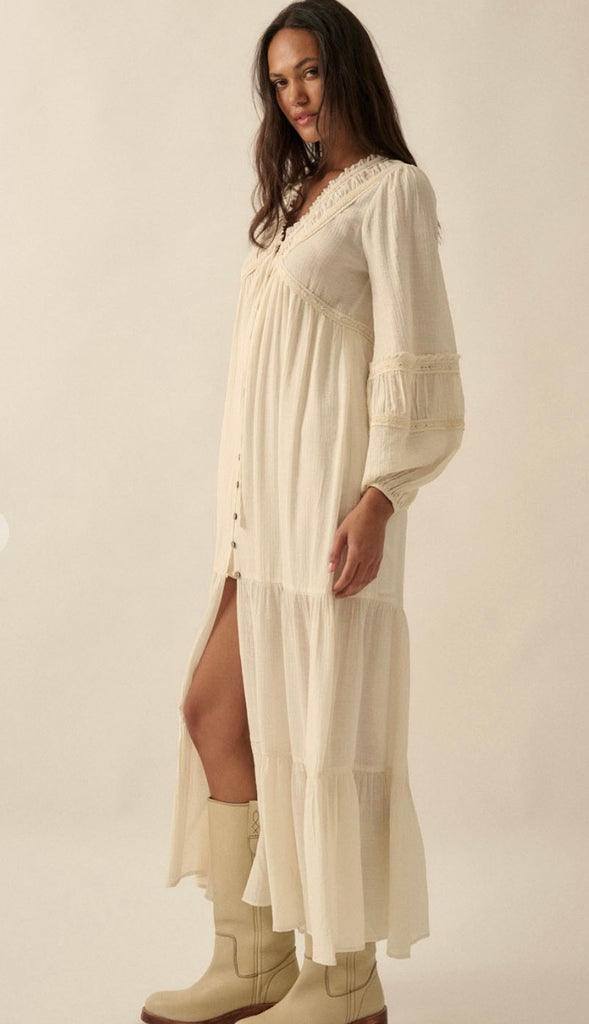 Whimsy Vibe Lace Trim Button Front Maxi Dress- Cream