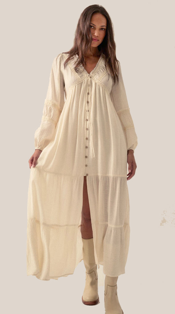 Whimsy Vibe Lace Trim Button Front Maxi Dress- Cream