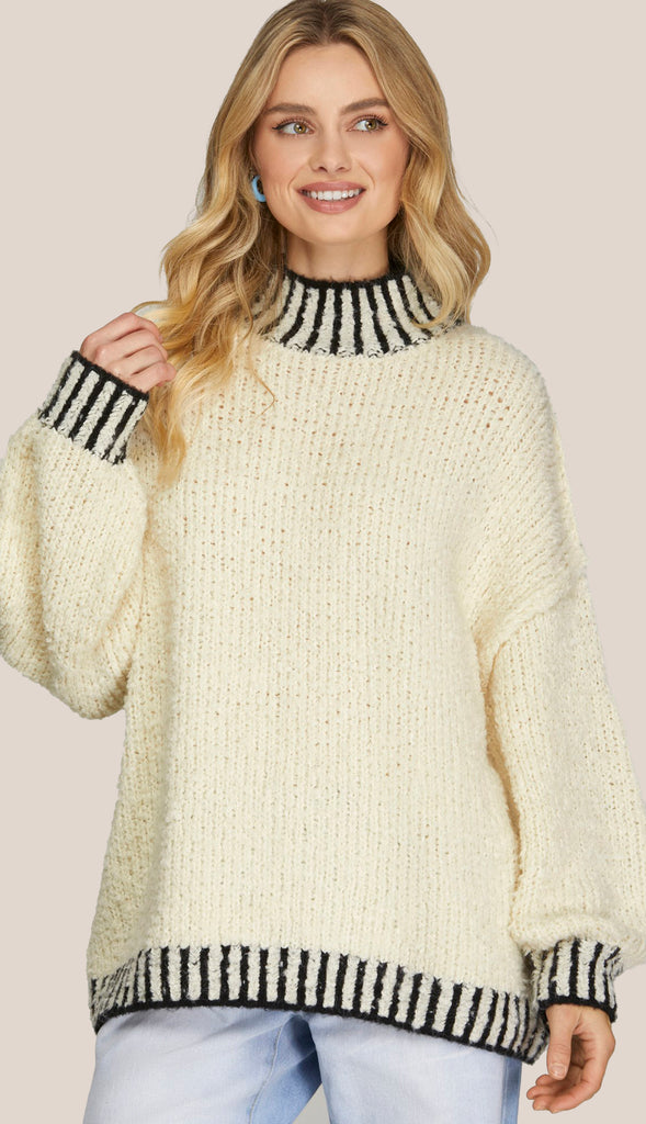 Lila Stitched Contrast Sweater Top- Cream