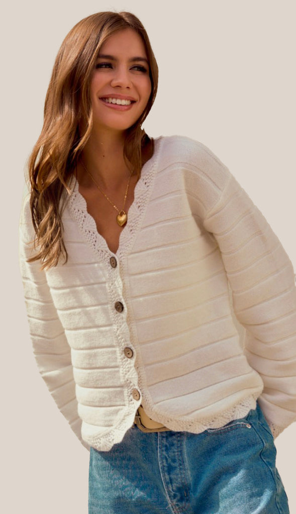 Evie Trimmed Button Down Sweater Cardigan- Cream