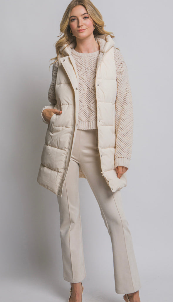 Bringing Warmth Hooded Long Quilted Puffer Vest- Ivory