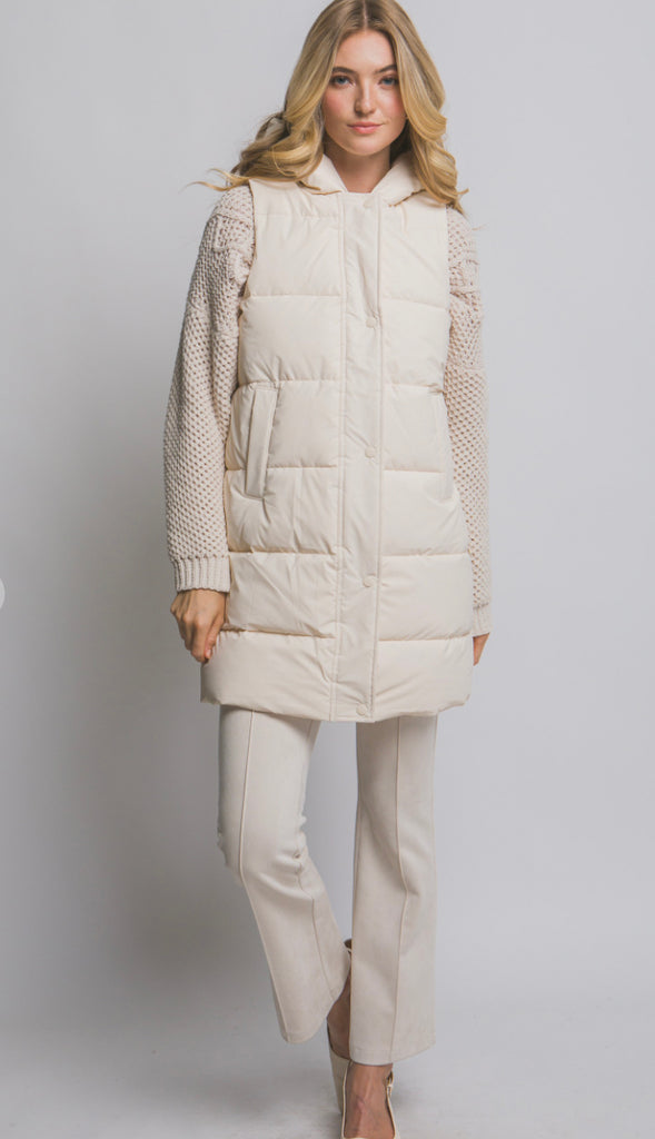 Bringing Warmth Hooded Long Quilted Puffer Vest- Ivory