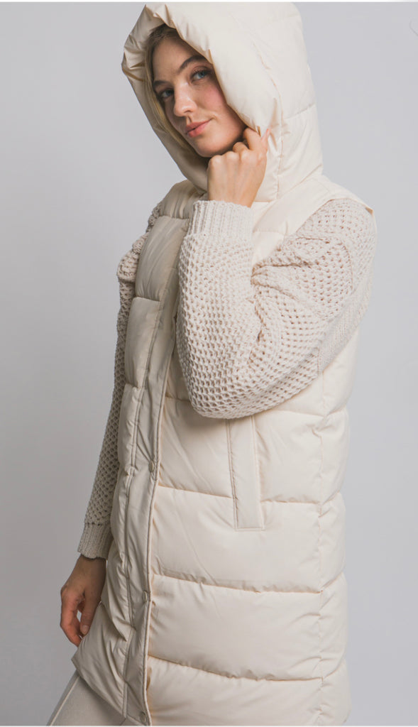 Bringing Warmth Hooded Long Quilted Puffer Vest- Ivory
