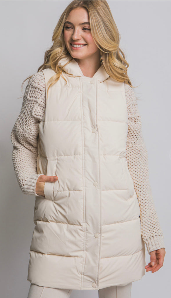 Bringing Warmth Hooded Long Quilted Puffer Vest- Ivory