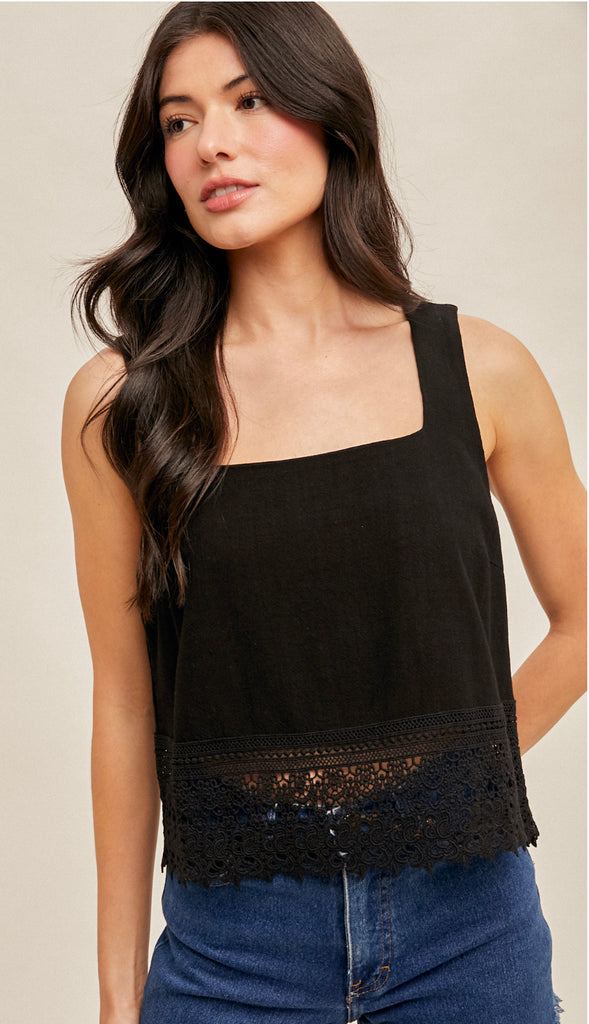 Kami Crochet Lace Trimed Tank- Oatmeal