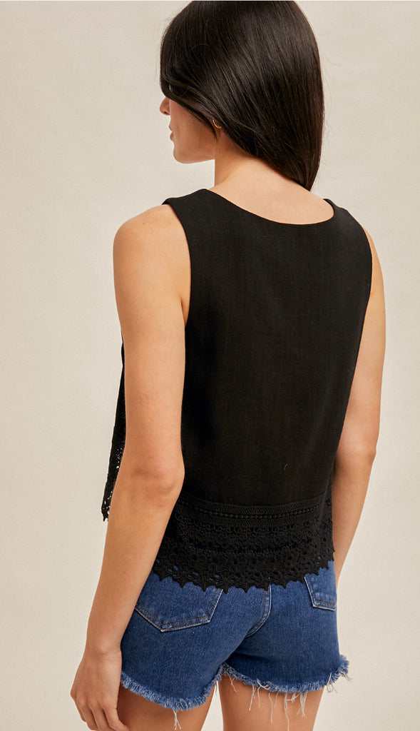 Kami Crochet Lace Trimmed Tank- Black
