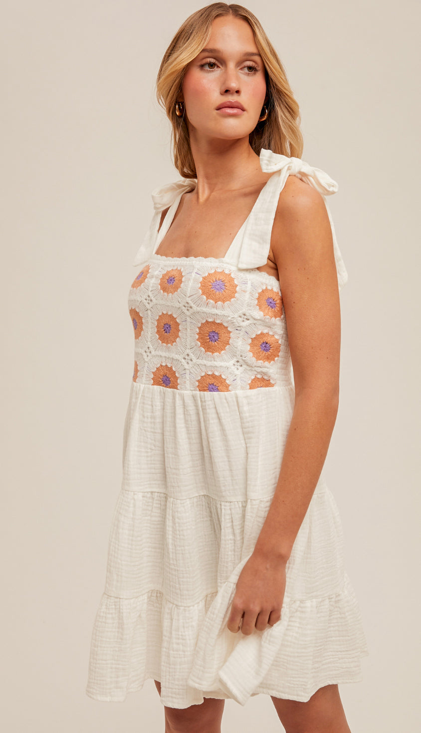 Mesa Crochet Shoulder Tie Tiered Dress- Off White Mesa Crochet Shoulder Tie Tiered Dress- Off White