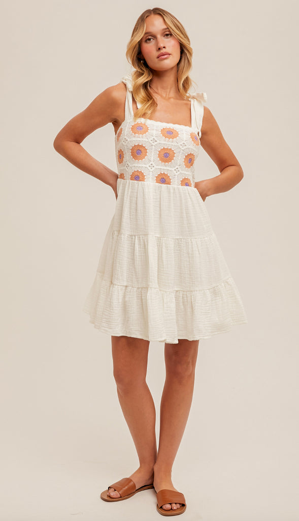Mesa Crochet Shoulder Tie Tiered Dress- Off White