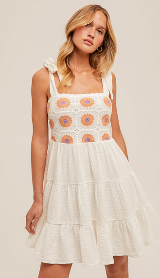 Mesa Crochet Shoulder Tie Tiered Dress- Off White