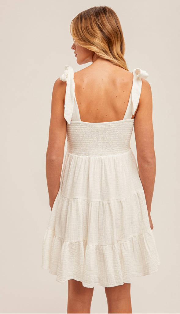 Mesa Crochet Shoulder Tie Tiered Dress- Off White