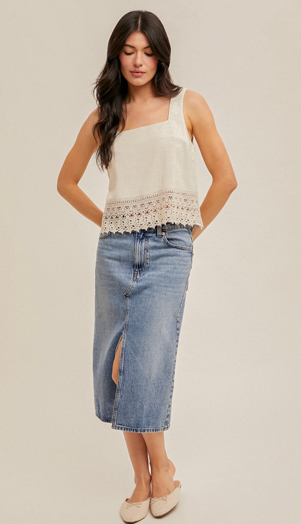 Kami Crochet Lace Trimed Tank- Oatmeal