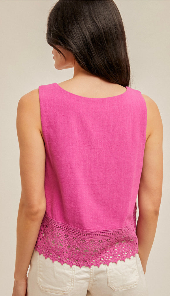 Kami Crochet Lace Trimmed Tank- Raspberry