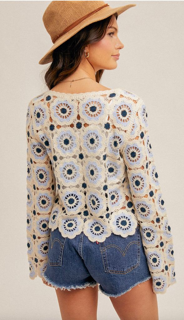 Warmth Awaits Crochet Knit Top- Ivory/Blue