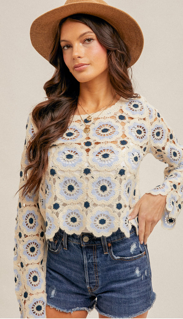 Warmth Awaits Crochet Knit Top- Ivory/Blue
