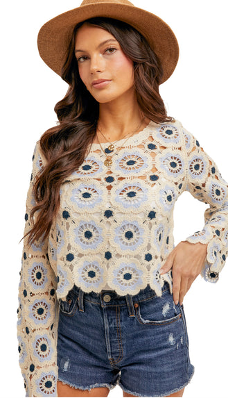 Warmth Awaits Crochet Knit Top- Ivory/Blue