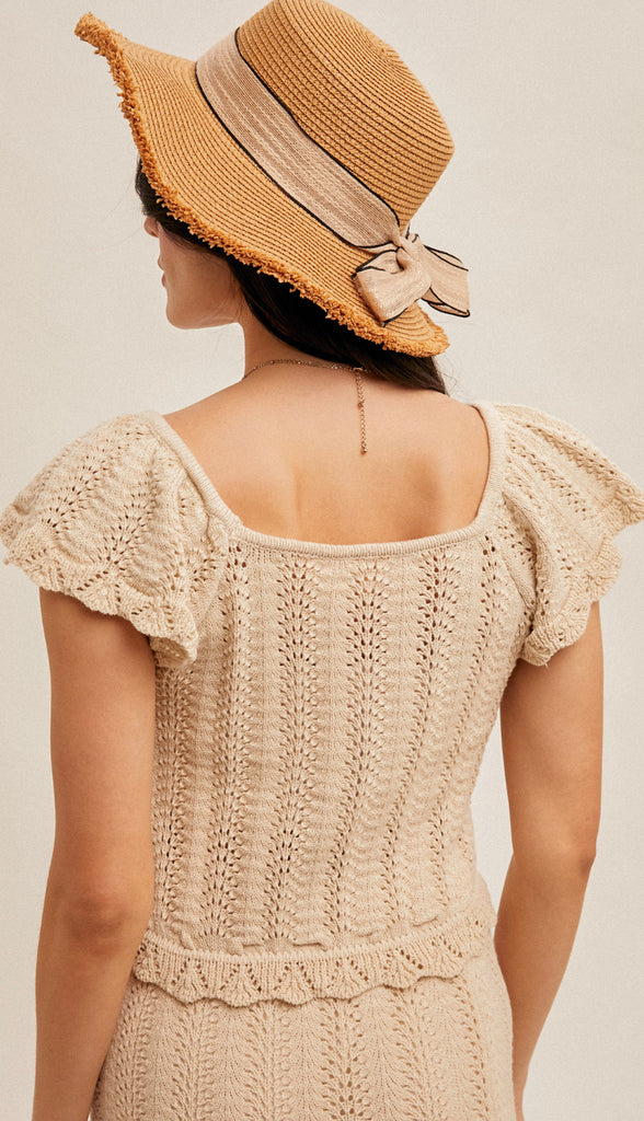 Sand And Seas Crochet Knit Flutter Sleeve Top- Natural
