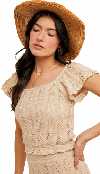 Sand And Seas Crochet Knit Flutter Sleeve Top- Natural