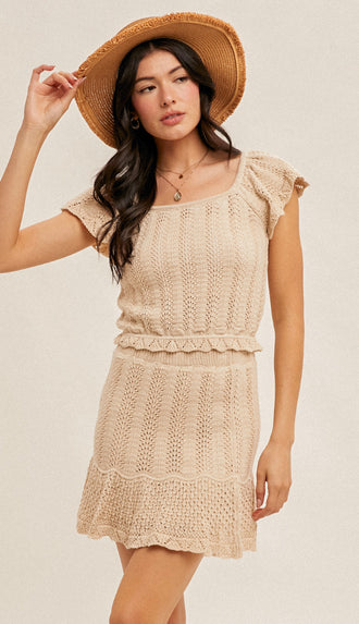 Sand And Seas Crochet Knit Flutter Sleeve Top- Natural