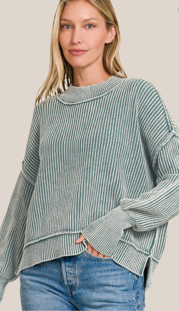 Willow Washed Side Slit Oversized Cropped Sweater- Mocha