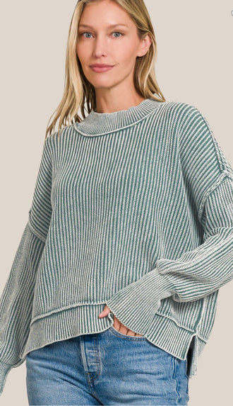 Willow Washed Side Slit Oversized Cropped Sweater- Ash Jade