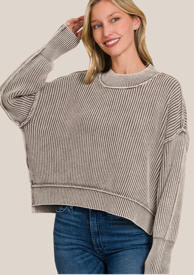 Willow Washed Side Slit Oversized Cropped Sweater- Mocha