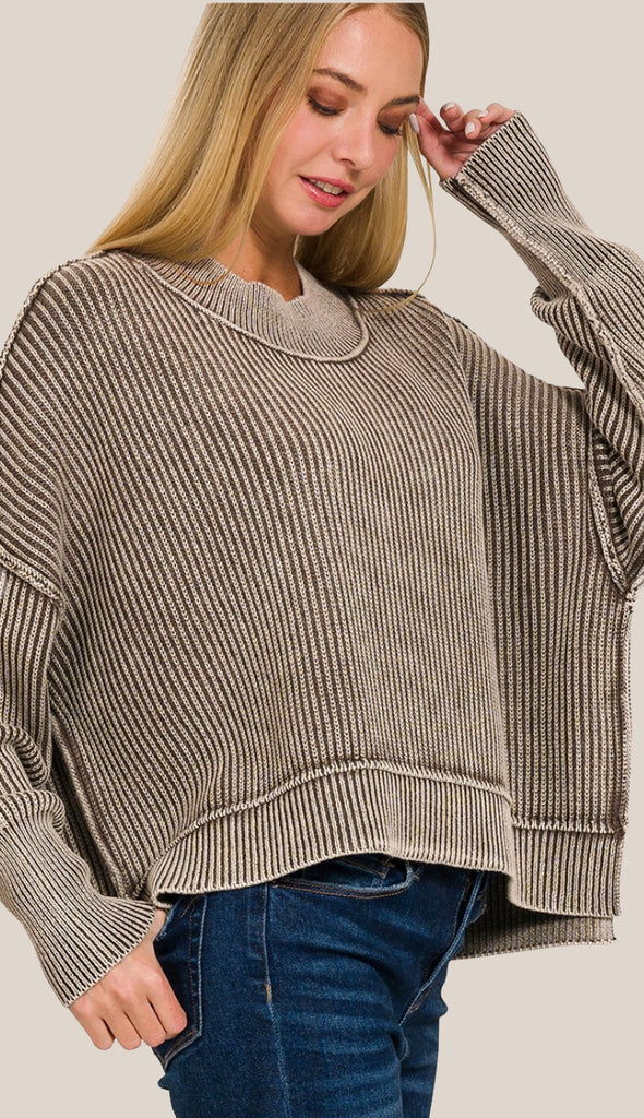 Willow Washed Side Slit Oversized Cropped Sweater- Mocha