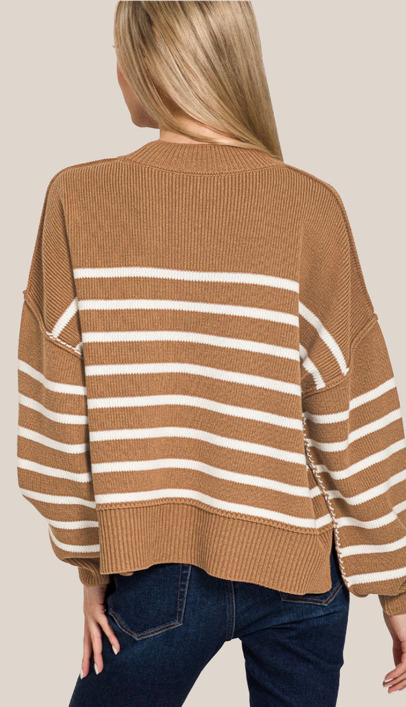 Rachel Exposed Seam Striped Sweater- Deep Camel