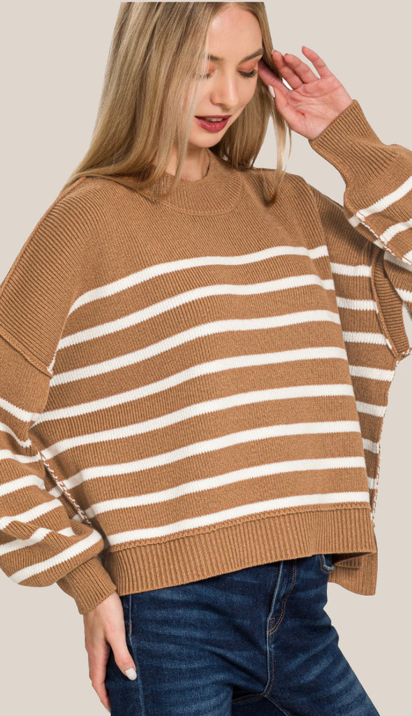 Rachel Exposed Seam Striped Sweater- Deep Camel