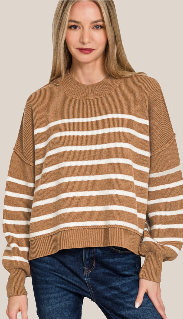 Rachel Exposed Seam Striped Sweater- Deep Camel