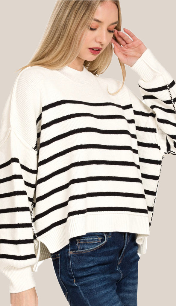 Rachel Exposed Seam Striped Sweater- Ash Jade